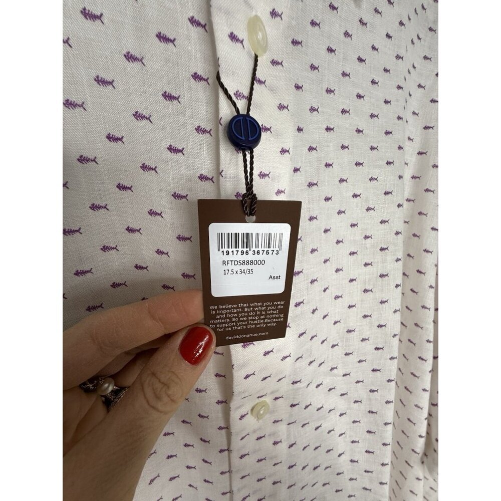 NWT David Donahue White Button Down Fishbone Pattern Fusion Linen 15.5 3…​ - Picture 9 of 11